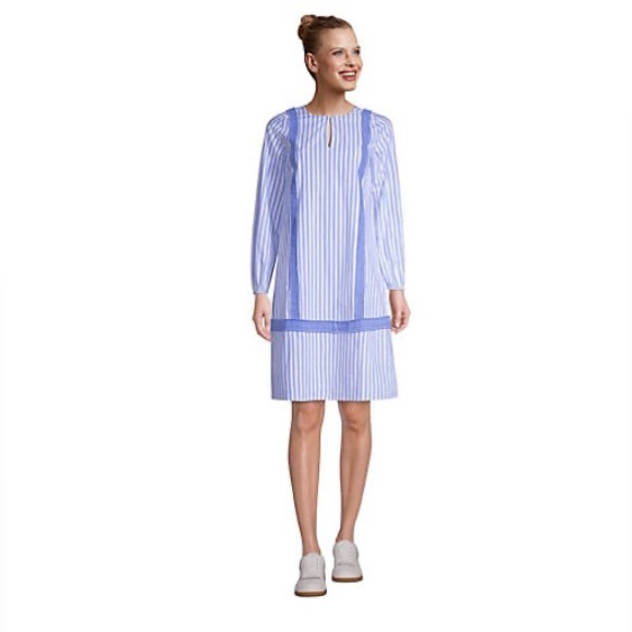 Lands End - Cotton Poplin Split-Neck Dress Sz LP - Chicory Blue Stripe - Picture 2 of 15